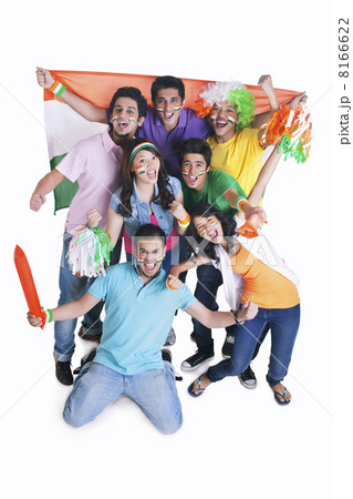 Portrait of happy young friends cheering with Indian flag over white background Portrait of happy young friends cheering with Indian flag over white background 8166622