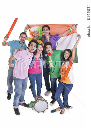 Portrait of excited young friends cheering with Indian flag over white background 8166834