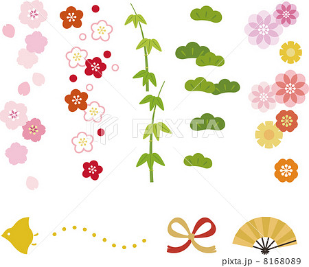 和風の花や松竹梅の縦ラインのイラスト素材
