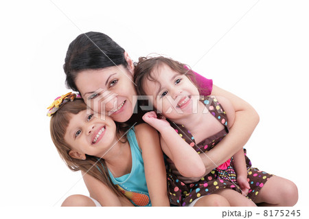 Happy mother and two daughters. Isolated on white background 8175245