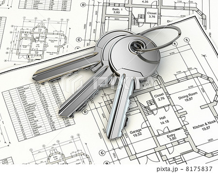 Key on house plan blueprint. 3d Key on house plan blueprint. 3d 8175837