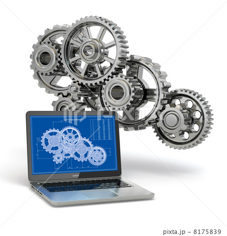 Computer-design engineering. Laptop,  gear  and draft. 8175839