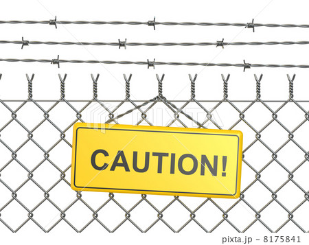 Caution. barbed wire fence with sign. Caution. barbed wire fence with sign. 8175841