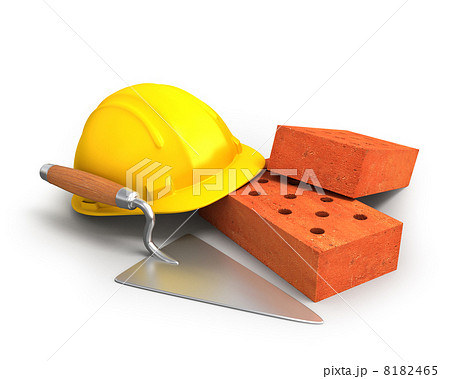 Bricks, trowel and a yellow plastic helmet 8182465