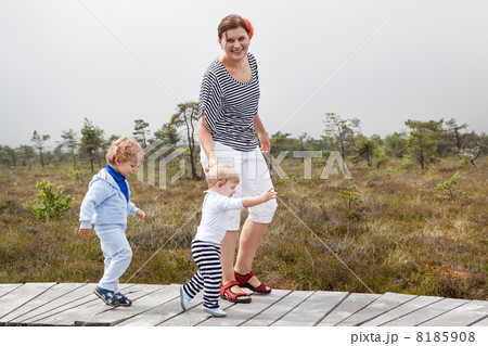 Young woman and two little toddler boys in nature park 8185908