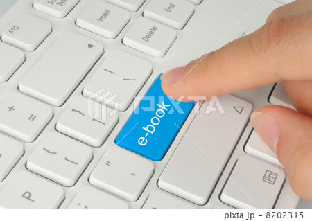 Hand pushing blue e-book button. Hand pushing blue e-book button. 8202315
