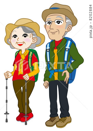 シニアカップル 登山服 見上げる 全身のイラスト素材 024