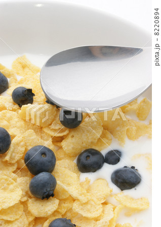 Muesli milk and blueberries in a white bowl Muesli milk and blueberries in a white bowl 8220894