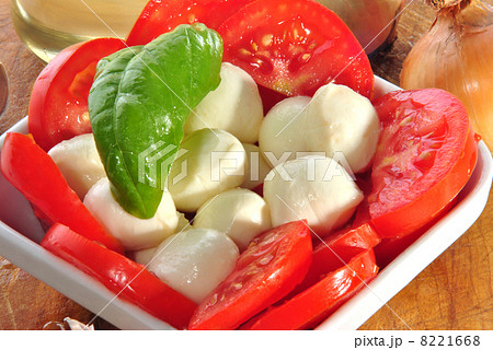 Mozzarella with tomatoes and basil as salad 8221668