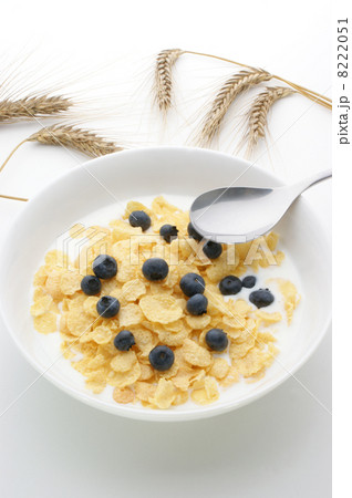 Muesli milk and blueberries in a white bowl 8222051
