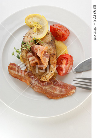 grilled carp steak on organic potato with vegetable grilled carp steak on organic potato with vegetable 8223688