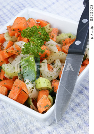 fresh cut soup vegetables in a white bowl 8223928