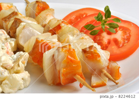fresh home made potato salad with salmon shashlik fresh home made potato salad with salmon shashlik 8224612