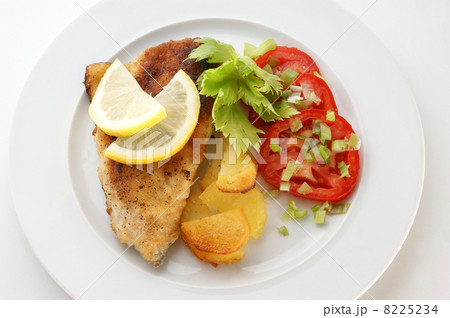 grilled carp steak on organic potato with vegetable grilled carp steak on organic potato with vegetable 8225234
