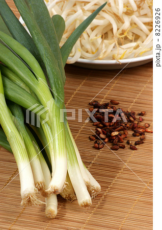 organic spring onion and some pomegranate seed 8226926