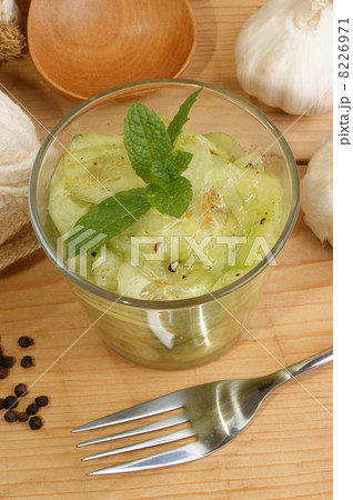 organic cucumber salad in a glass bowl 8226971