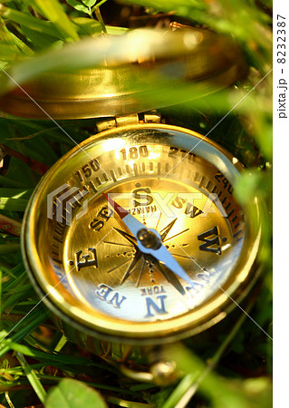Golden compass on green grass 8232387