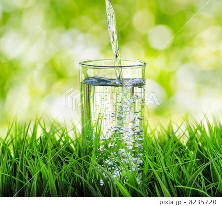 Glass of water on nature background Glass of water on nature background 8235720