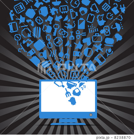Abstract media icons falling down to the monitor Abstract media icons falling down to the monitor 8238870
