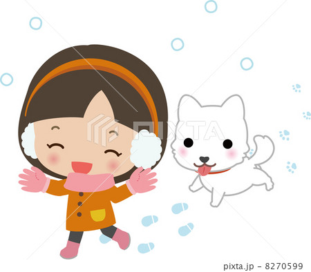 雪にはしゃぐ女の子と犬のイラスト素材