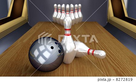 Bowling 3D Sport - Ball and Pins Racked on Lane 8272819