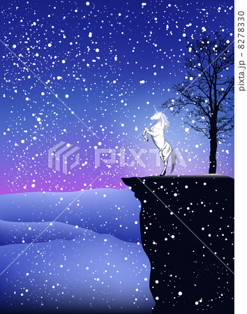 fairy tale winter postcard with white unicorn horse in snowfall 8278330