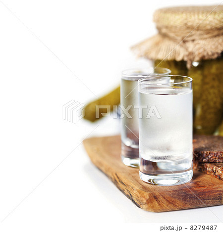 Russian vodka with traditional black bread and pickles Russian vodka with traditional black bread and pickles 8279487