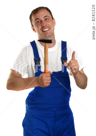 Craftsman with a white T-shirt holding a hammer Craftsman with a white T-shirt holding a hammer 8281520