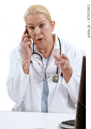 medical assistant with a cordless phone and white background 8281661