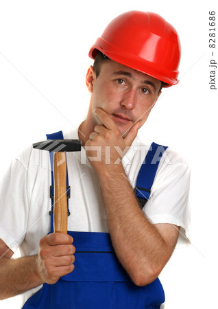 Craftsman with a white T-shirt holding a hammer 8281686