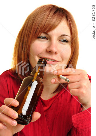 drunken woman with a beer bottle and cigarette drunken woman with a beer bottle and cigarette 8281758