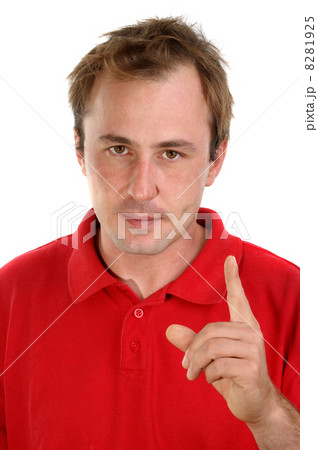 young man in a red shirt with a raised hand young man in a red shirt with a raised hand 8281925