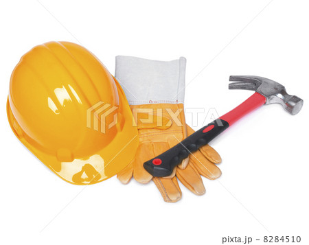 Orange HardHat Hammer And Leather Gloves 8284510