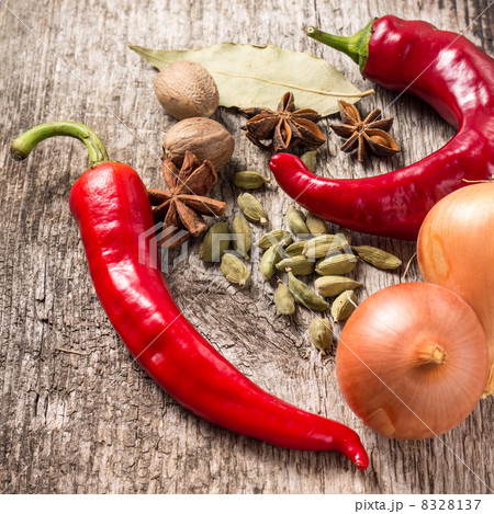 Rustic background of Spices on wooden plank Rustic background of Spices on wooden plank 8328137