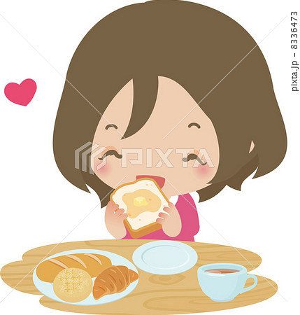 パンを食べる笑顔の女性のイラスト素材