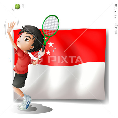 A boy playing tennis in front of the flag of Singapore 8345330