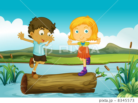 A girl and a boy above a trunk floating A girl and a boy above a trunk floating 8345573