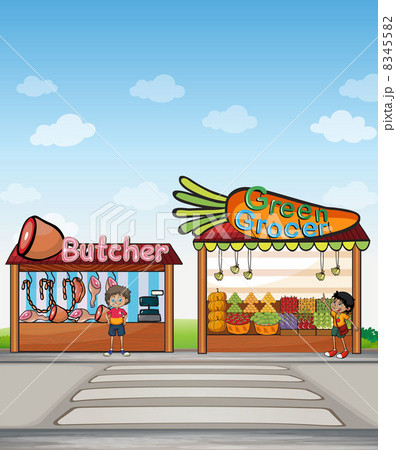 A butcher shop and a fruit stand A butcher shop and a fruit stand 8345582