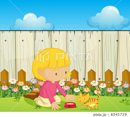 A girl feeding the cat inside the fence 8345729