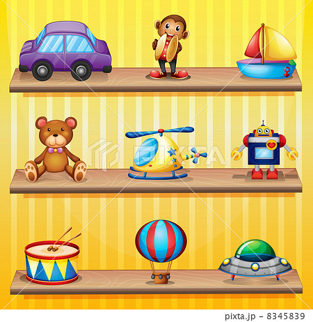 Different toys arranged at the wooden shelves Different toys arranged at the wooden shelves 8345839