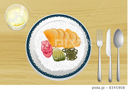 Garnished rice with fruit slices in dish Garnished rice with fruit slices in dish 8345908