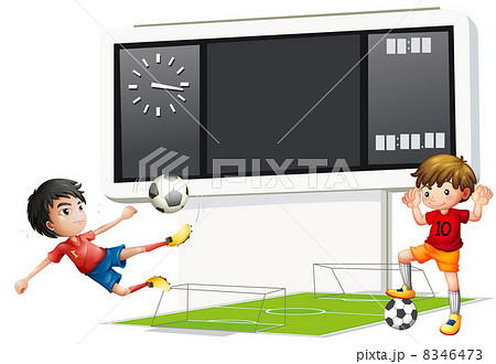 Two boys playing soccer with a scoreboard 8346473