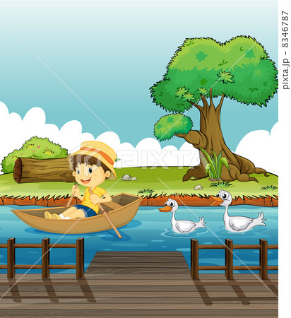A boy riding on a boat followed by ducks 8346787