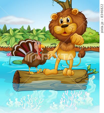 A lion and a turkey above a floating trunk 8346822