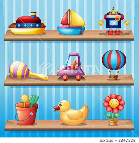 Three wooden shelves with different toys Three wooden shelves with different toys 8347528