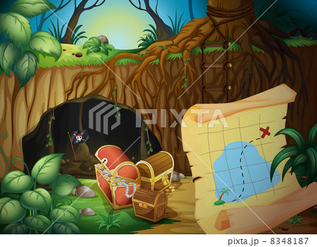 A cave, a treasure chest and a map 8348187