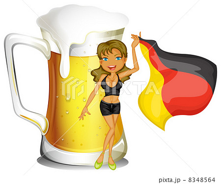 A big mug of beer at the back of a lady holding the flag of Germ A big mug of beer at the back of a lady holding the flag of Germ 8348564