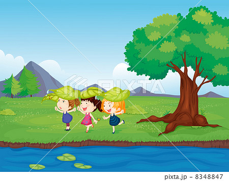 Three girls playing beside the pond 8348847