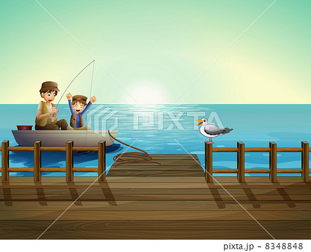 A father and a child fishing near the bridge 8348848