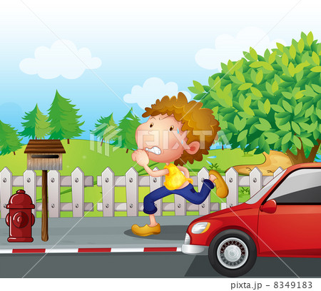 A boy running at the street with a mailbox 8349183